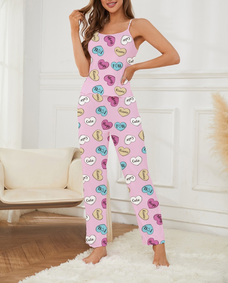 Women's Cami Top and Pants 2pc Pajama Set Heart Print,Summer Elegant Sleeveless Top and Pants with Elastic Sleepwear