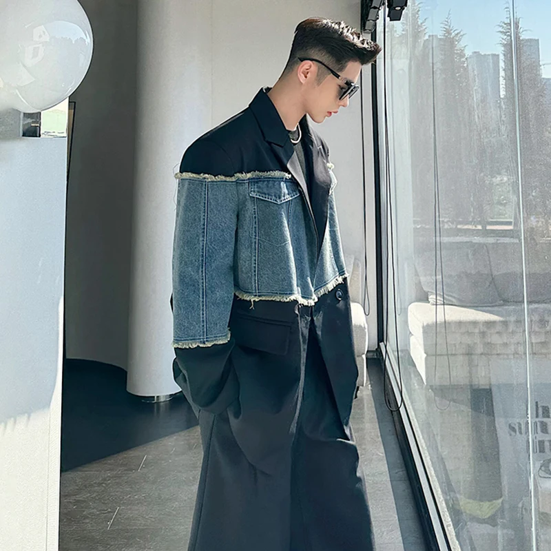 LUZHEN Original Denim Splicing Design Blazer Coat Men's Autumn Stylish Personality Elegant High Street Suit Jackets LZ1760