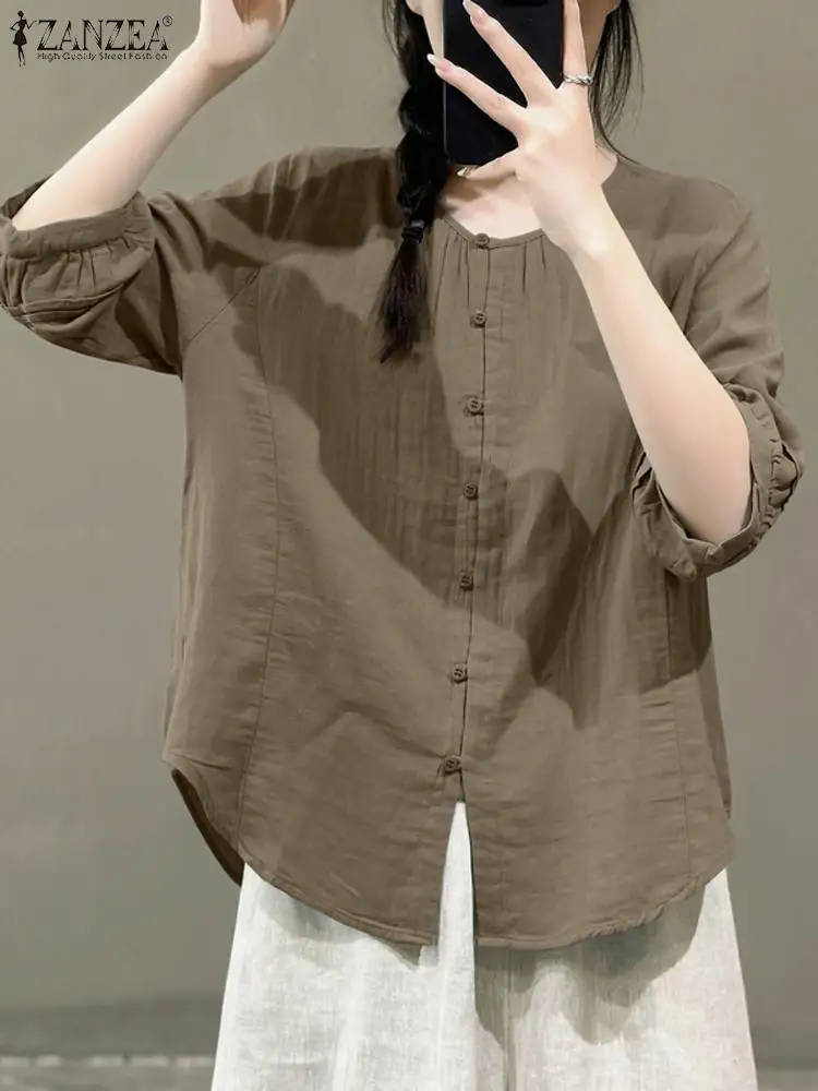 

Винтажная хлопковая блузка ZANZEA, модная женская Однотонная рубашка с рукавом 3/4, Летние повседневные топы на пуговицах, элегантные офисные женские блузки