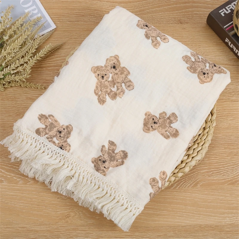 Bear Muslin Squares Cotton Baby Blanket for Newborn Plaid Infant Swaddle Blanket Babies Accessories Bed Summer Comforter 4