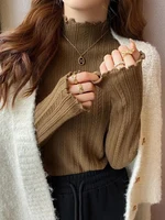 New Women's Autumn and Winter Solid Color Ruffled Semi-turtleneck Long-sleeved Knitted Sweater Casual Women's Knitted Pullovers - Image 4