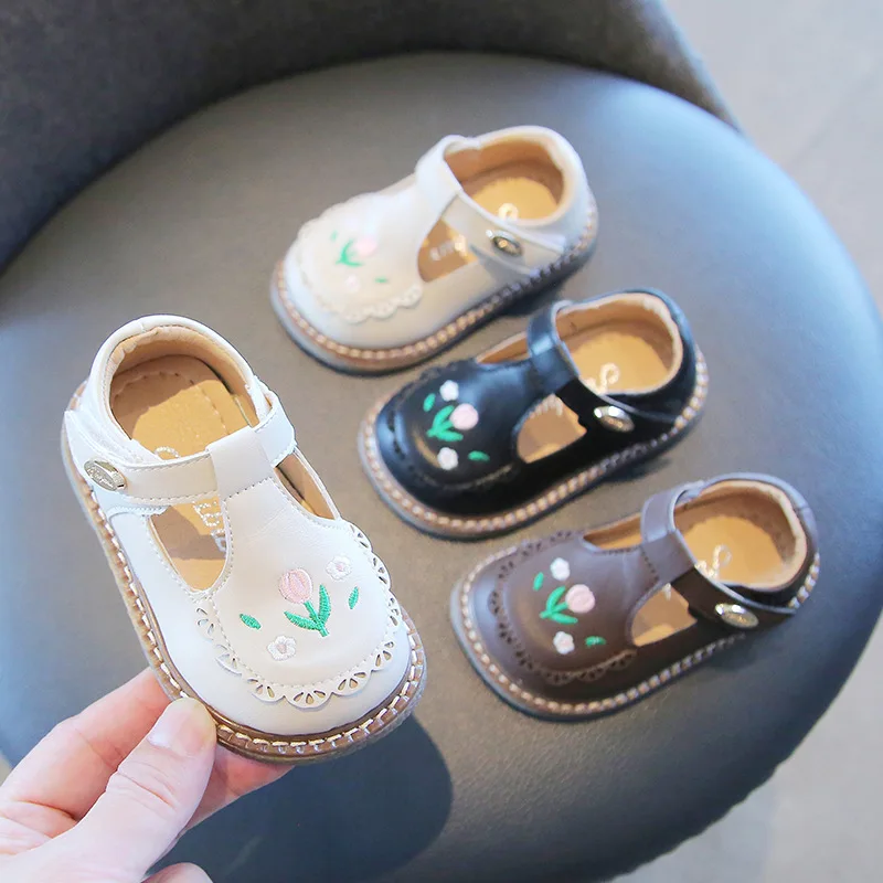 Spring Autumn New Baby Girls Leather Shoes Solid Color Cute Embroidery Princess Shoes Children's Flats Single Shoes