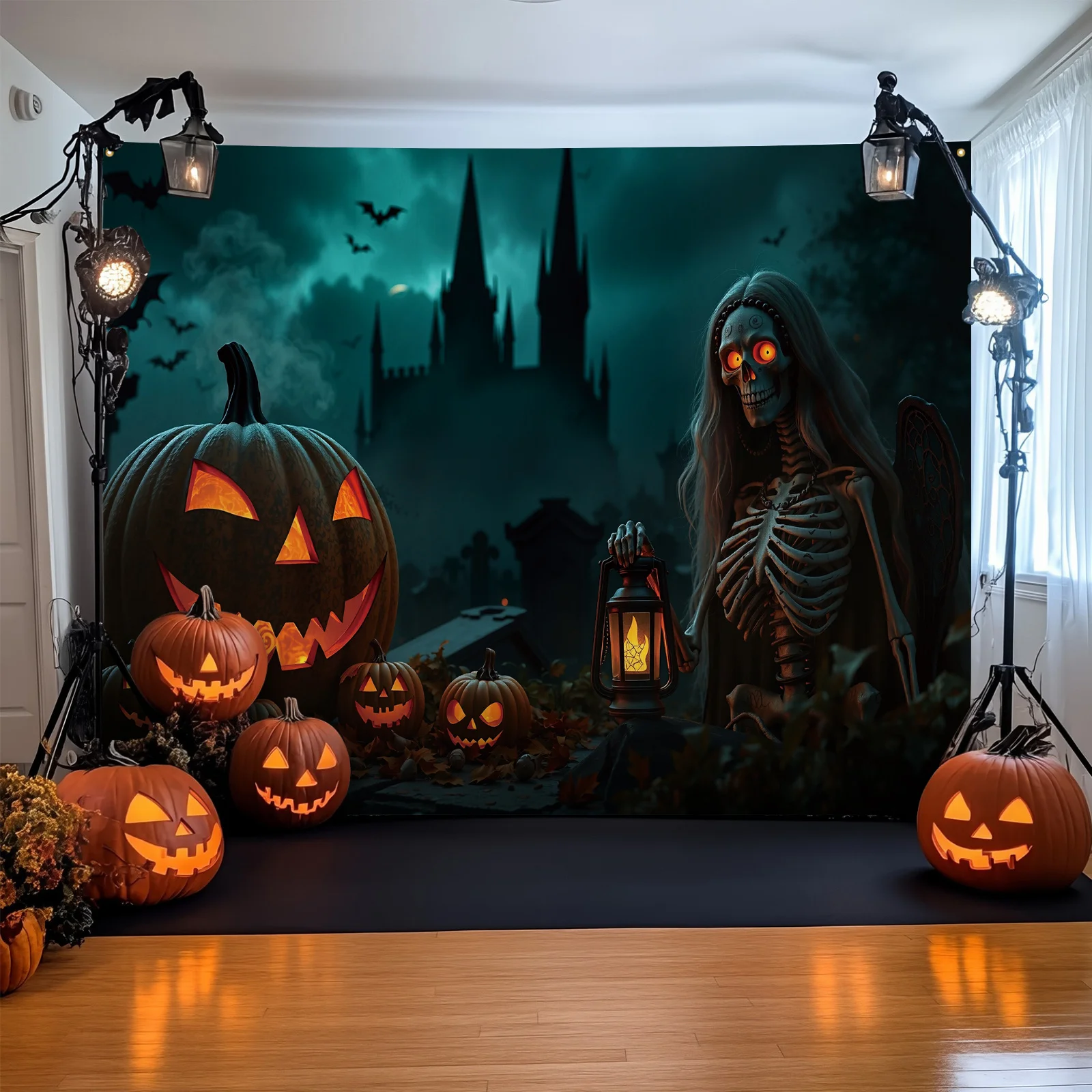 Halloween backdrop featuring ghostly castle, glowing pumpkin lanterns, and eerie night sky 05