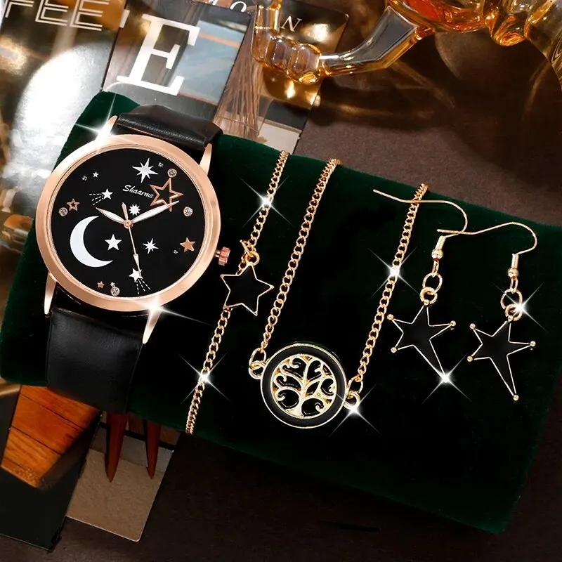 Women Watches Fashion Star Moon Round Dial Design Casual Simple Wrist Luxury Bracelet Clock Gifts