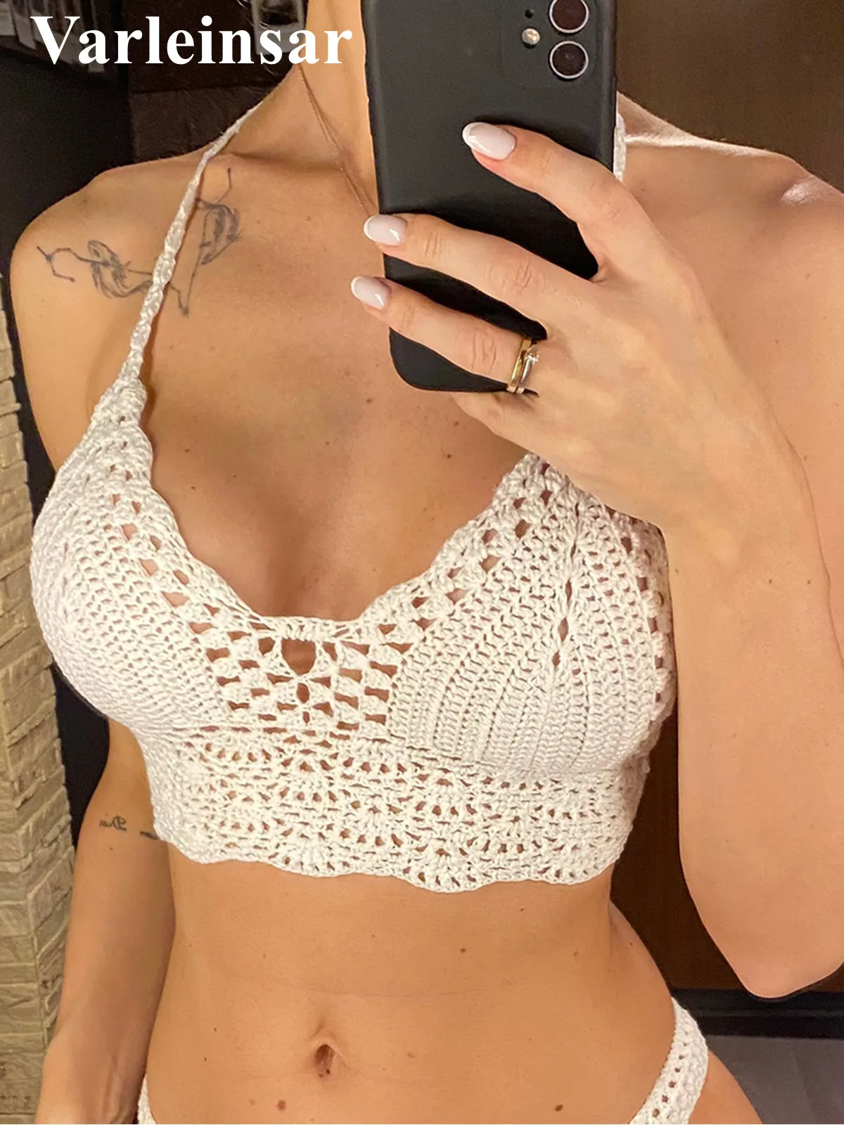 S - XL 9 Farben Häkel-Bikini-Oberteil Damen-Badeanzug Frauen-Bademode Badebekleidung Badeanzug mit Ausschnitten Strand-Top V4193