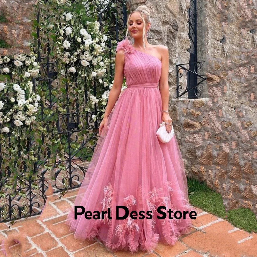 

One Shoulder Princess Pink Evening Dress Feather 3D Flower Vesidos De Noche Sleeveless Tulle A-line Prom Dress