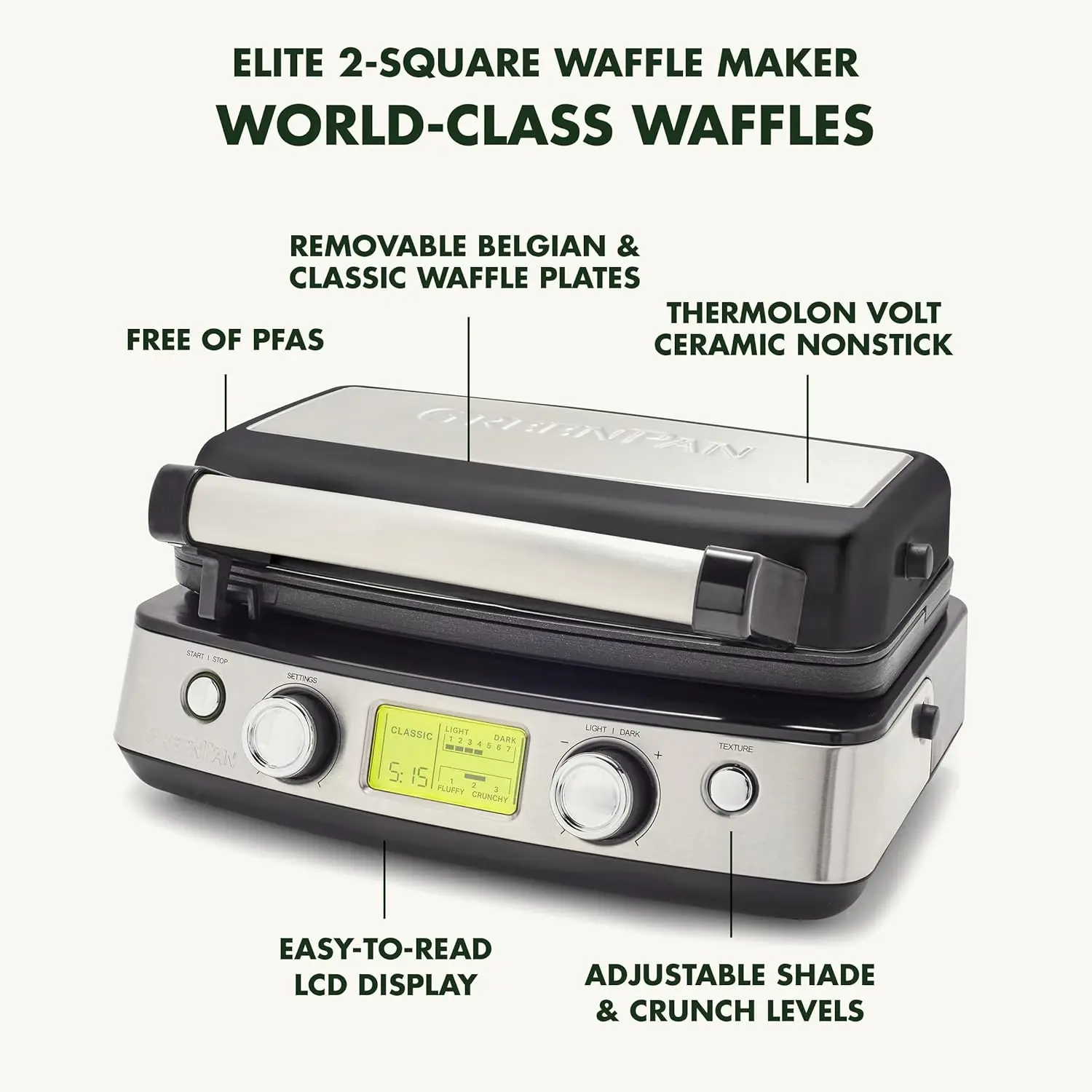 Elite 2-Square Belgian & Classic Waffle Iron, Healthy Ceramic Nonstick Aluminum Dishwasher Safe Plates, Adjustable Shad