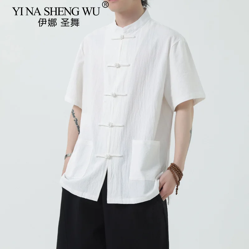 Summer Chinese Style Men's New Chinese Style Cotton and Linen Shirt Tang Suit Short-sleeved Retro Stand-up Collar Buttoned Shirt