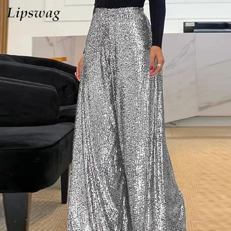 

Women Fshion Shiny Seqin Party Long Pant Elegant Casual Loose Hem Wide Leg Pants Sexy Office Lady High Waist Trousers Streetwear