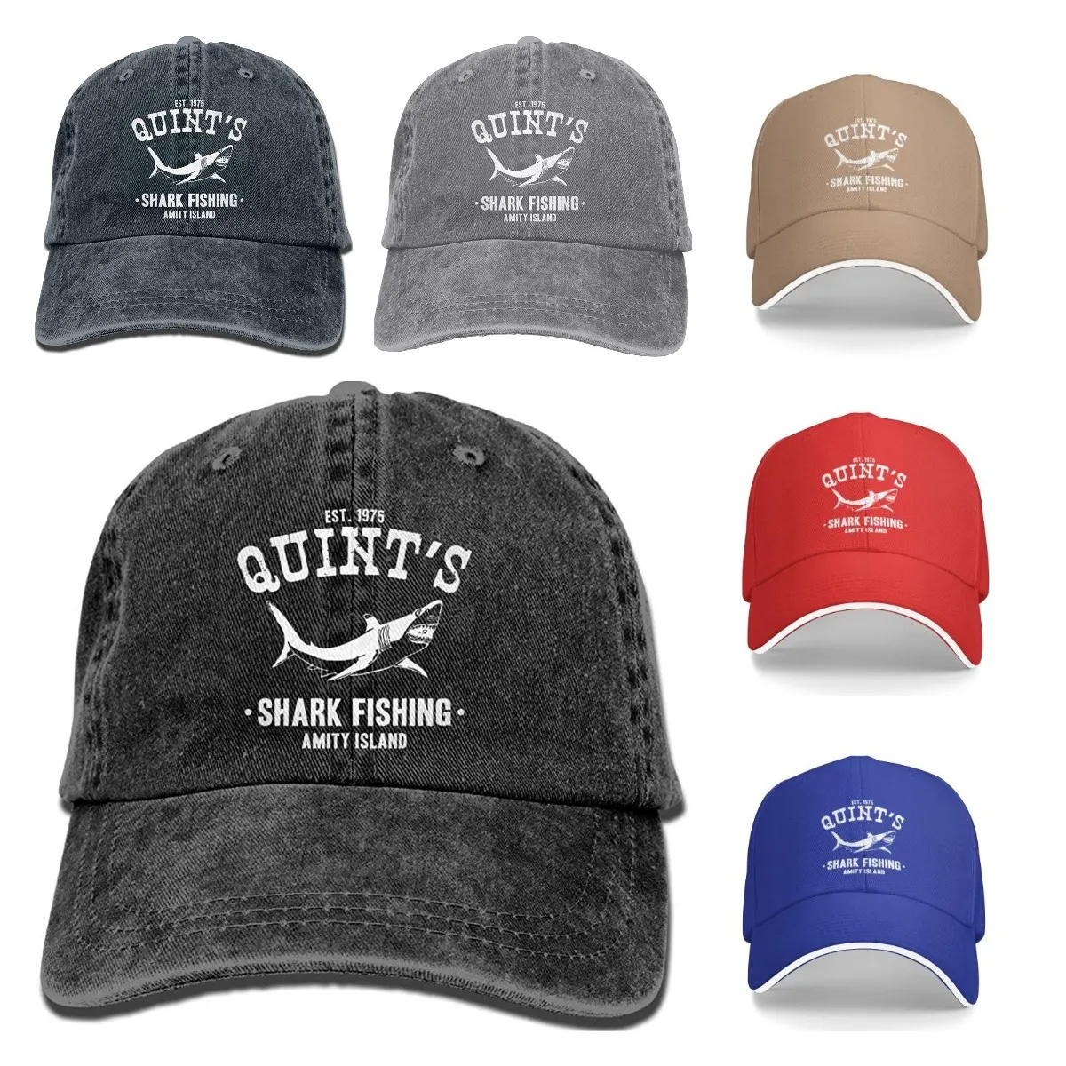 

2022 Best Selling Adult Unisex Cotton Jeans Cap Old-Fashion Adjustable Hat Quints Shark Fishing Jaws 7 Colors Available