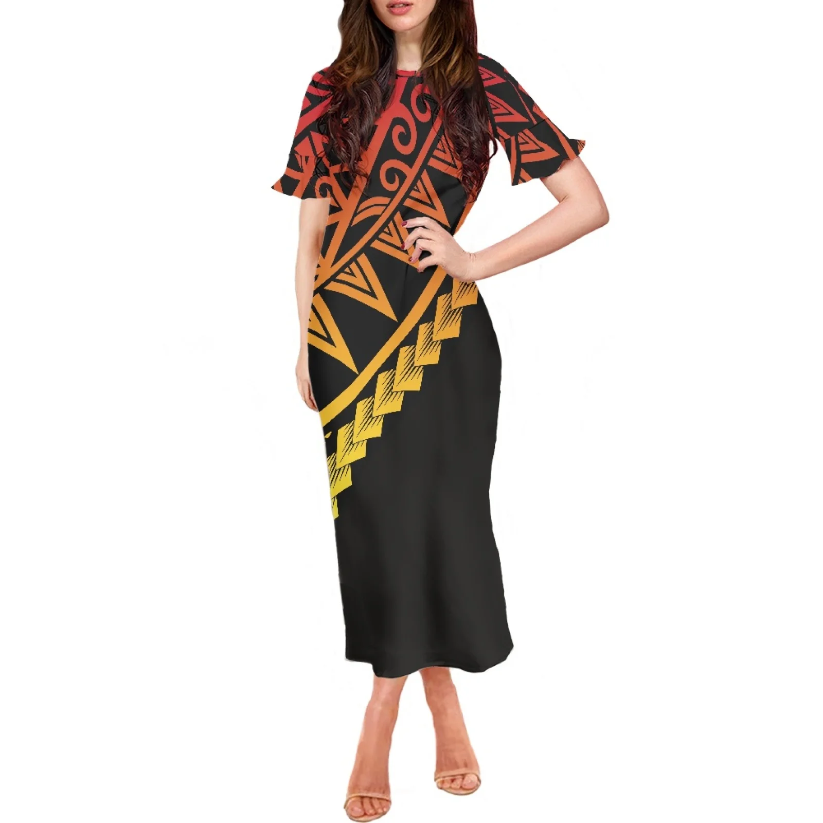 

2023 Design Chic And Elegant Woman Dress Summer Polynesia Tattoos Print Clothing Short Ruffle Sleeve O-Neck Sexy Long Dress