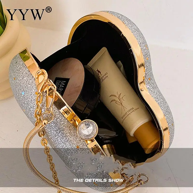 Multi Color Love Heart Shape Women Clutch Purse Glitter Sequins Shiny Diamond Metal Top Handle Handbag Crossbody Chain Lady Bag
