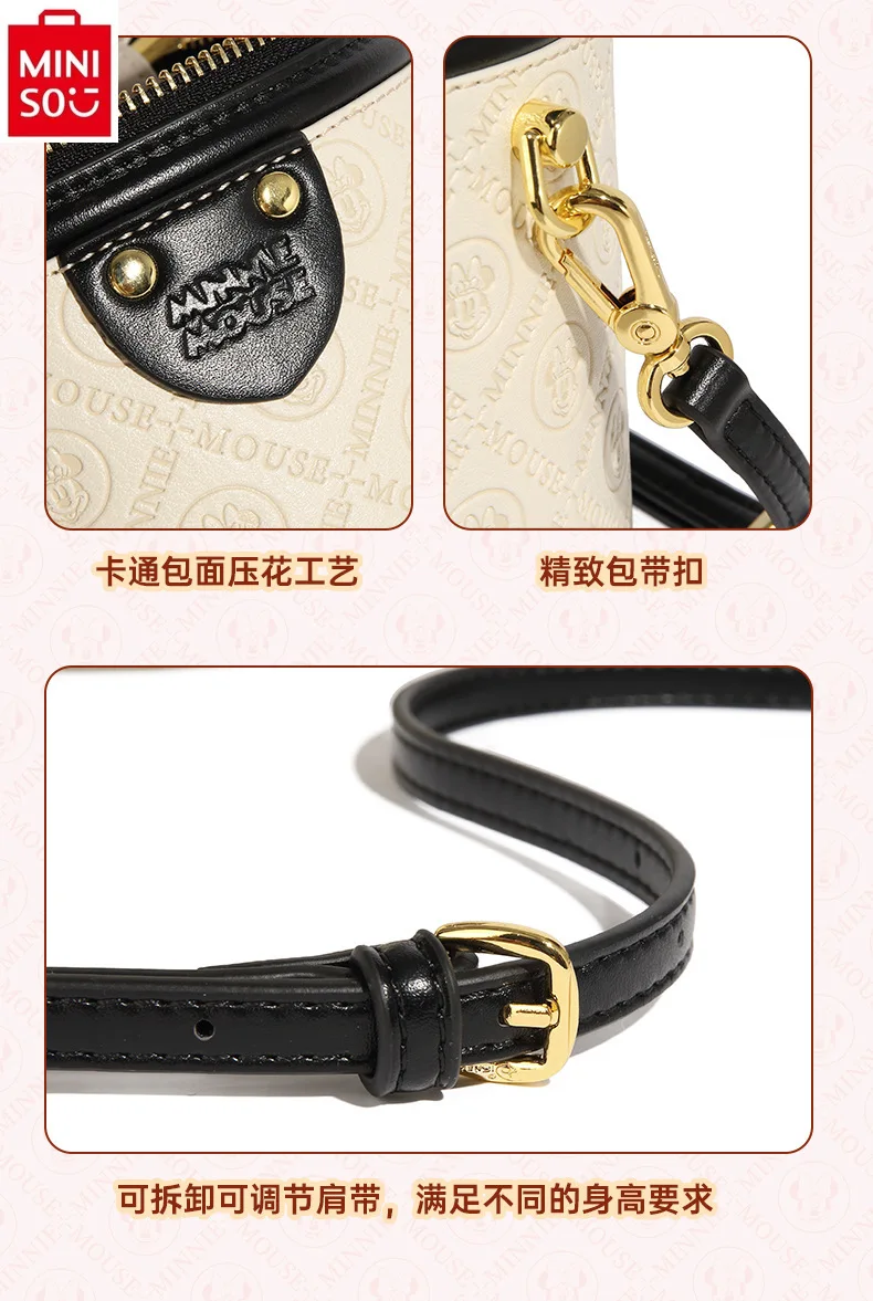 MINISO Disney Retro Fashion Luxury Brand Mickey Bucket Bag Women's Sweet and Versatile Large Capacity Round Bucket Bag