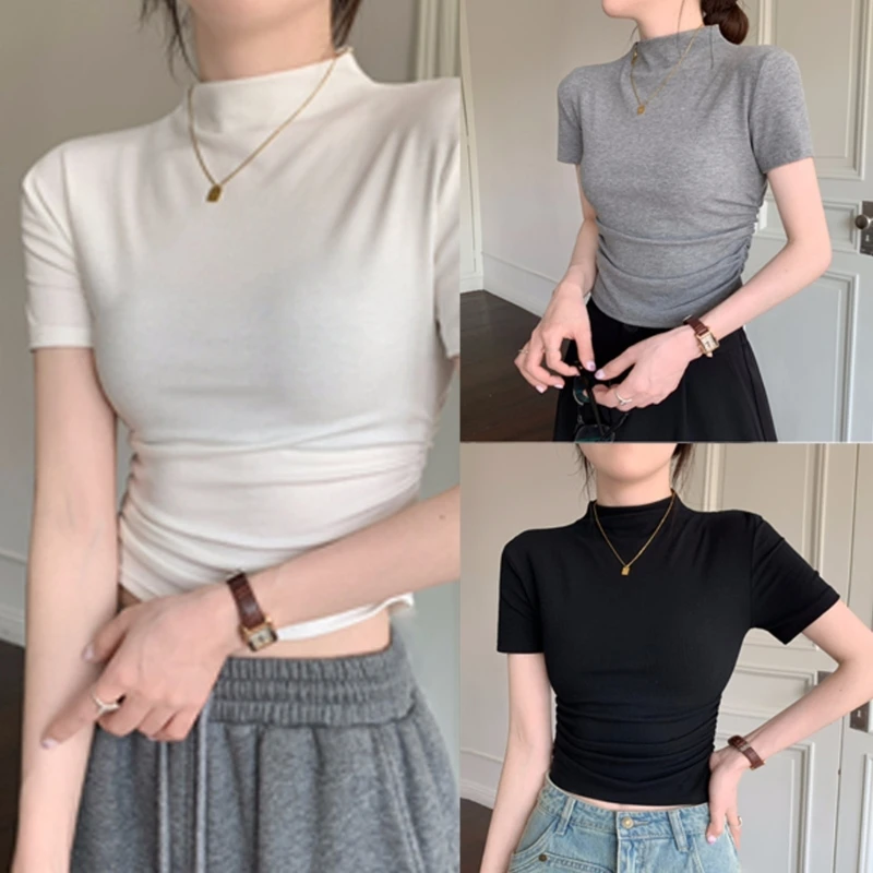 

Women Half Turtleneck Ribbed T-Shirt Short Sleeve Side Ruched Slim Fit Crop Top Girls Summer Casual Solid Color Base Undershirt