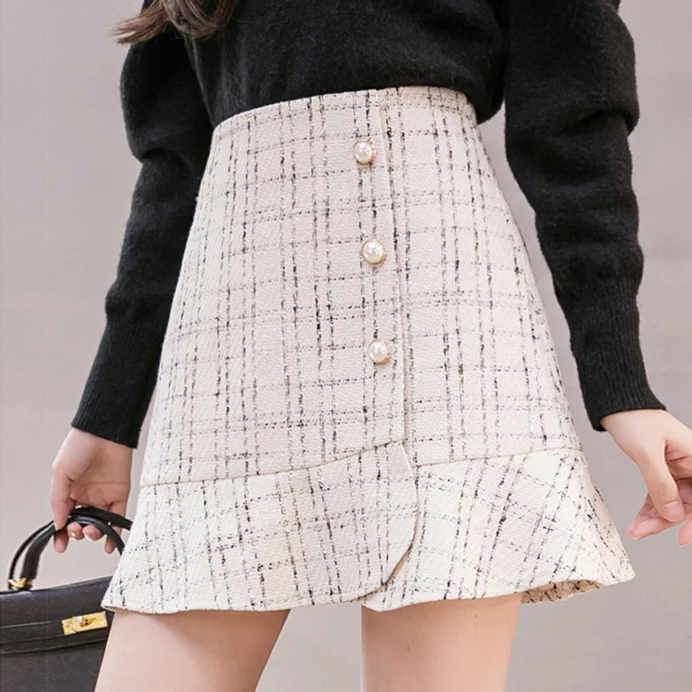 

2024 Ruffle Plaid Mini Button Tweed Skirt Clothes For Teens Women Gothic Harajuku Black Skirts Womens Y2k Goth Aesthetic Korean