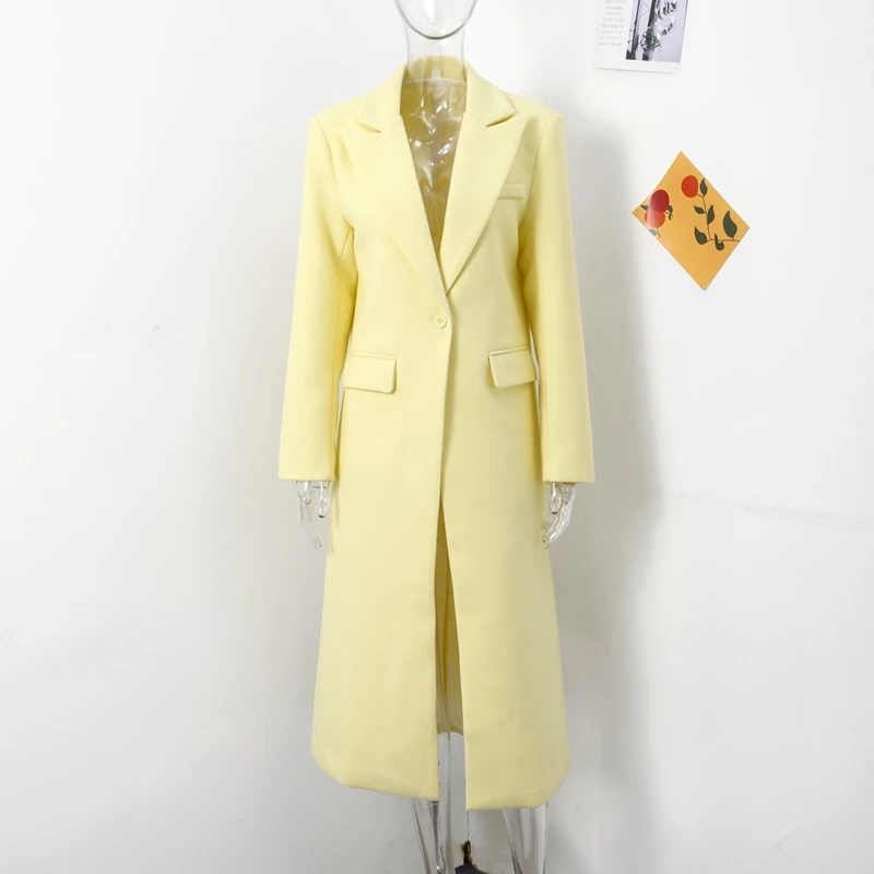 Fashion Woolen Long Coat Women Autumn Full Sleeve Button Fake Pocket Split Yellow Overcoat Elegant Oversize New in Outwear