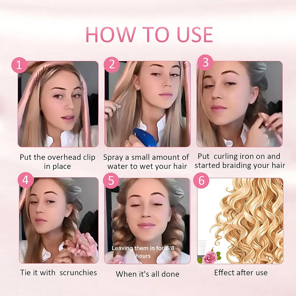 4-Piece Silk Heatless Curler Set Big Wave Hair Tool with Adjustable Clips, DIY Styling, Gift for Christmas/Valentine's Day