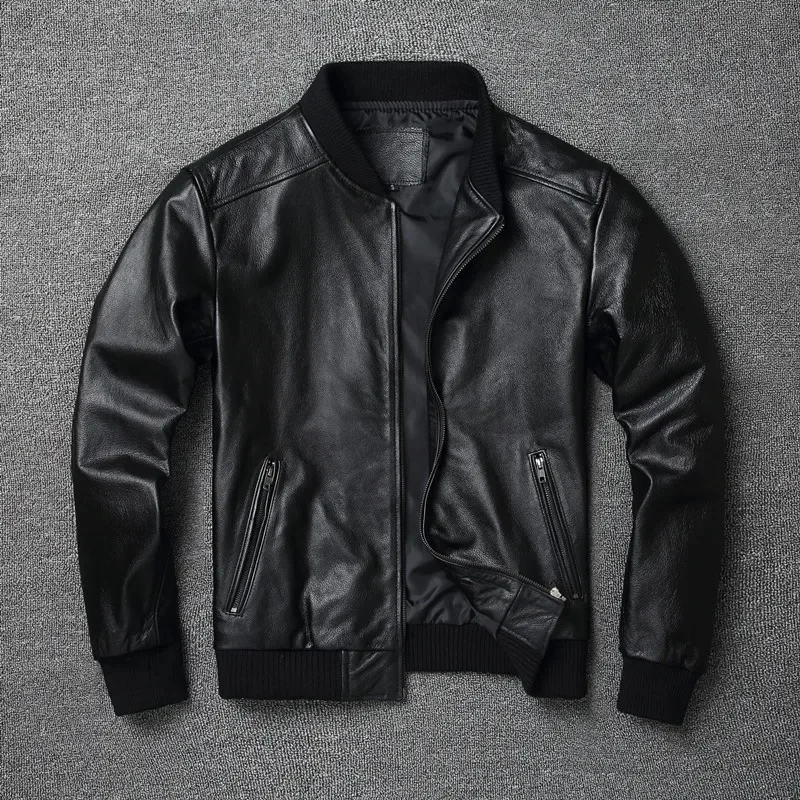 thumbnail image 1 of Nueva chaqueta bomber genuina de primavera y otoño 2024 para hombre, de piel de vaca, de cuero auténtico, corta y ajustada, para negocios, 1 of 4