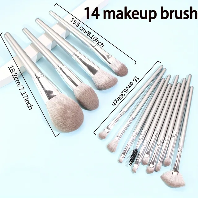 14-Piece Silver Professional Makeup Brush Set | Includes 2 Plush Velvet Puffs + 2 Blending Sponges | Vegan Cruelty-Free Brush Co