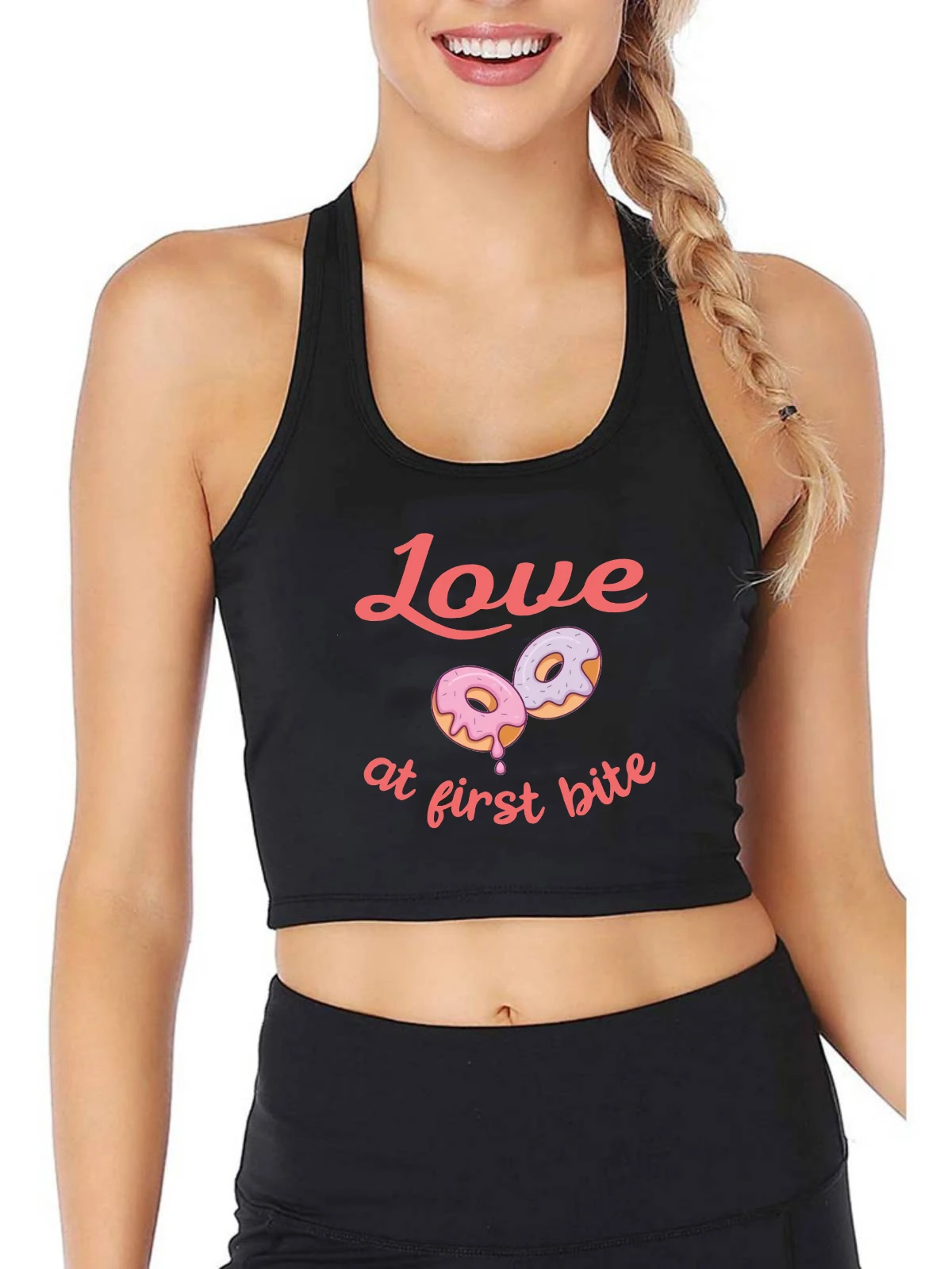 

Donut Graphic Love At First Bite Printed Design Sexy Slim Fit Crop Top Girls Sweet & Cute Customizable Tank Tops Summer Camisole