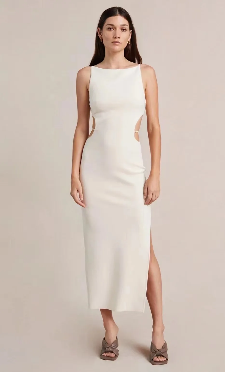 

Women Sexy Hollow Out Waist Side Slit O-Neck High Waist Midi Dress