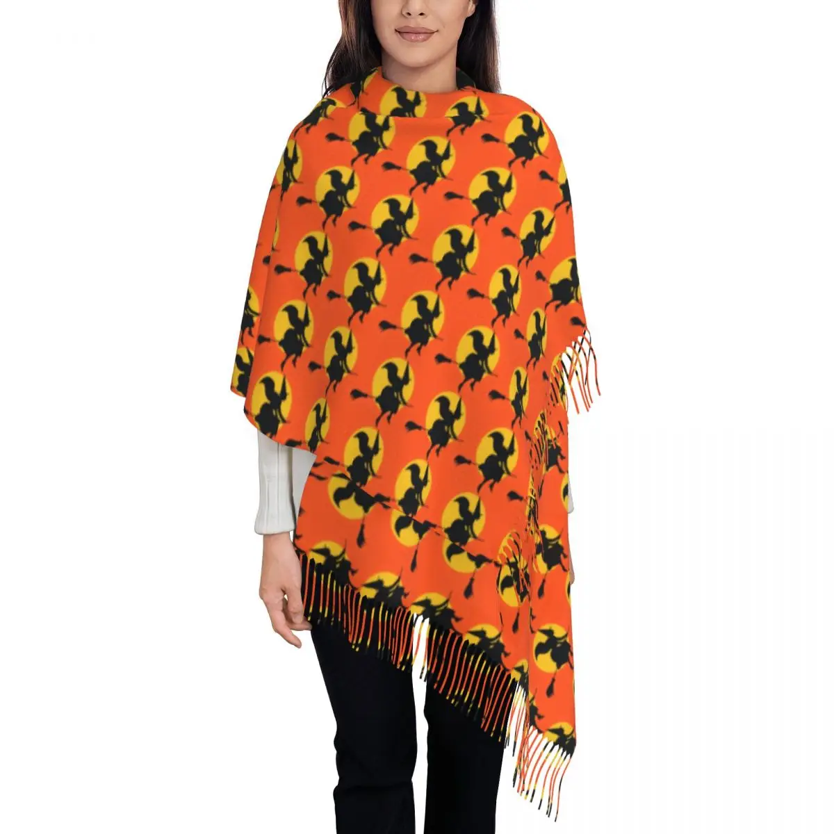 

Ladies Scarf Warm Soft Halloween Witch Scarves Wraps with Tassel Trick or Treat Print Vintage Shawl Wraps Autumn Bufanda Mujer