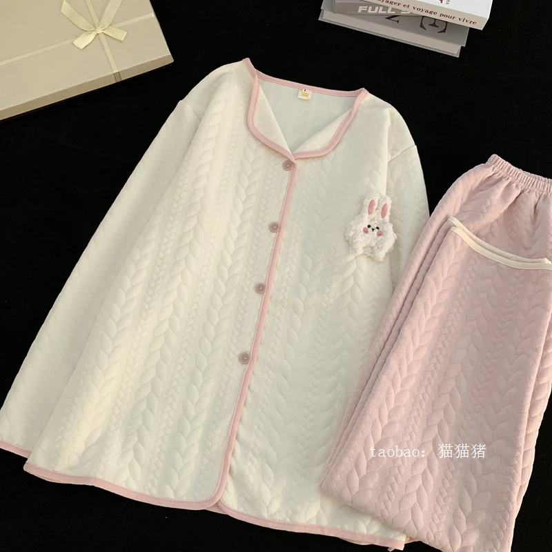 Home Wear Adult Loose Casual Cartoon Cute Printed Cotton Autumn and Winter Thickened Warm Long Sleeve Suit Spring and Autumn 1Pc