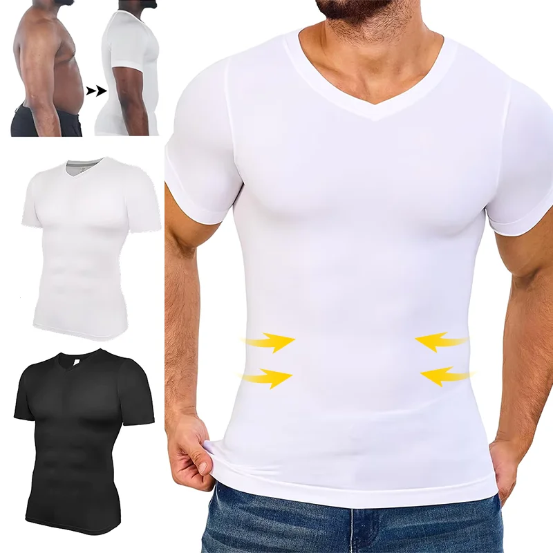 【100%-New】 Men V-Neck Compression Shirt Short Sleeve Body ShaperSlimming Underwear Tops Workout Abs Tummy Control