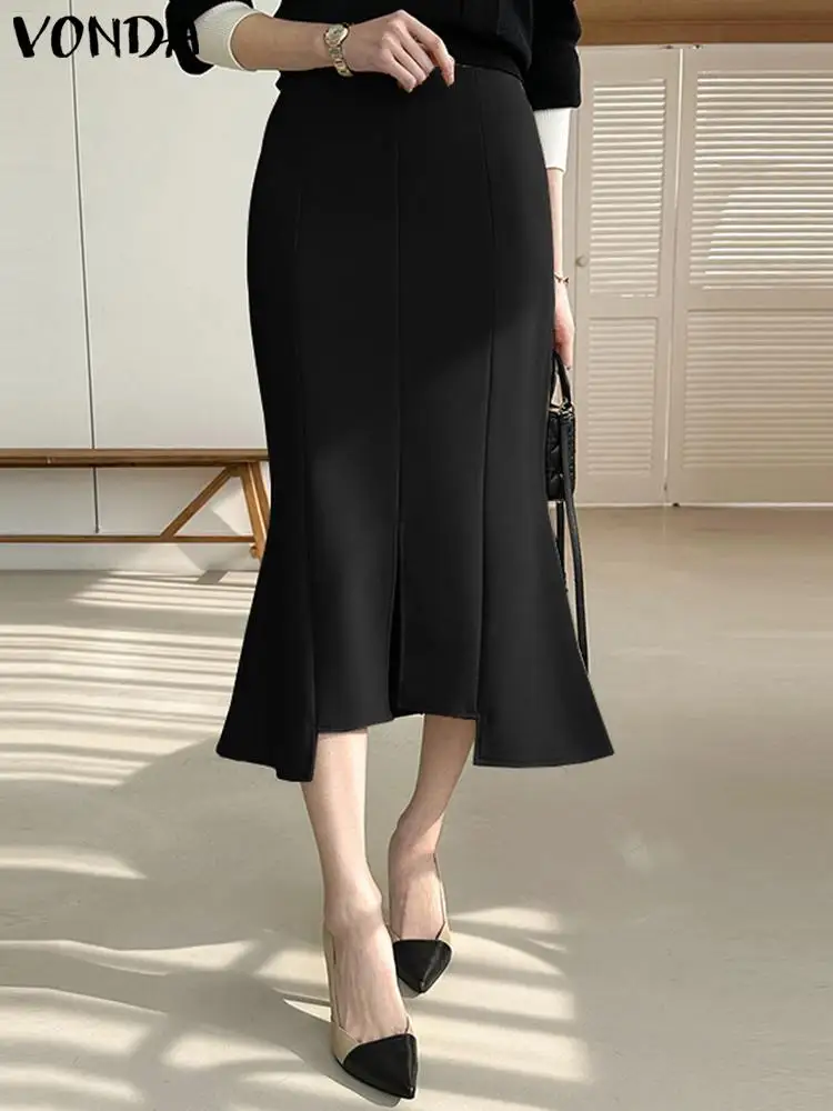 

VONDA Women Elegant Fishtail Skirts 2023 Fashion Office Lady Mid-Calf Bottoms Female Sexy Irregular Hem Party Skirts Oversized