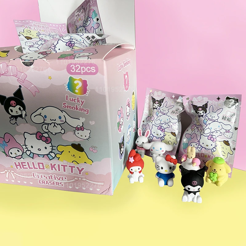 32pcs/box Sanrio Pencil Eraser Blind Bag Kawaii Anime Hellokitty Kuromi Cinnamoroll Student School Supplies Stationery Wholesale