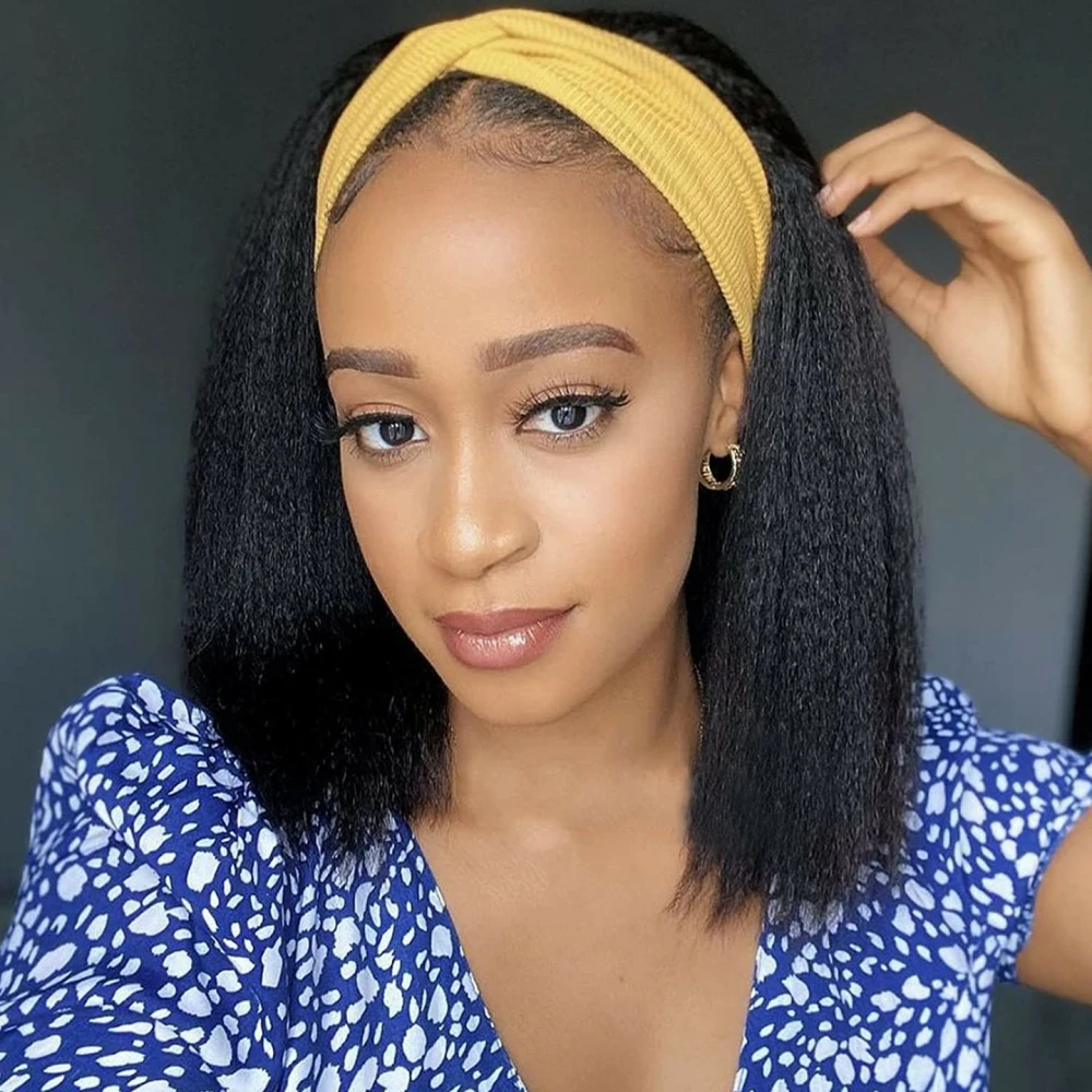 

Kinky Straight Short Bob Wig With Head Band Yaki Straight Headband Wig Glueless Human Hair Machine Made Wig For Black Women