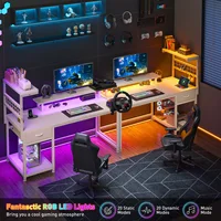 40"Gaming Computer Desk with Power Outlets RGB LED Lights Office Desk with Drawer Storage Shelves Monitor Stand For Small Space 5