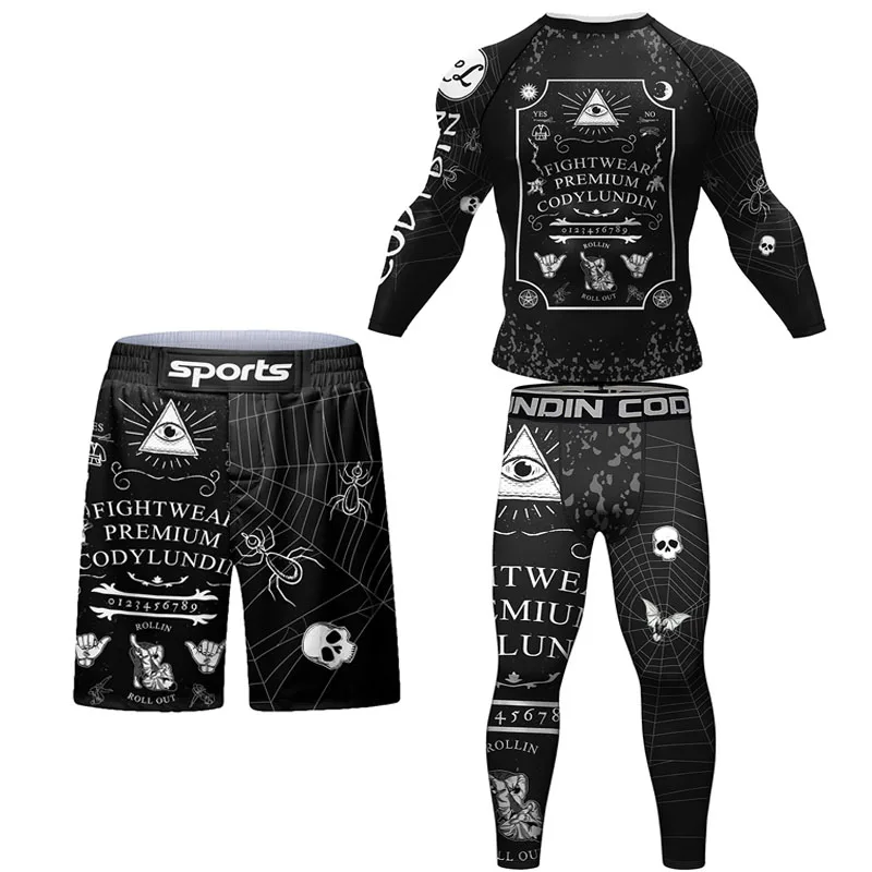 Sports apparel Mens t shirt Skull Jiu Jitsu Rashguard For Men MMA T-shirt + Shorts Pant Set Brazilian Grappling Bjj Boxing Rash Guard Gym Boxeo Sport Jerseys