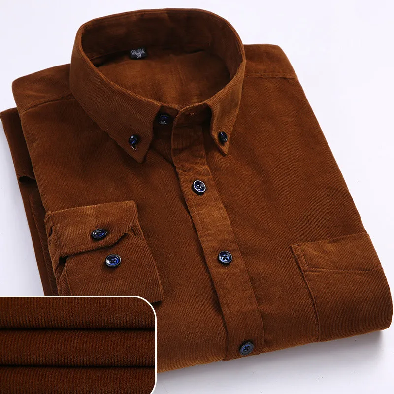 Plus Size 6XL Autumn/Winter Warm Quality Cotton Corduroy Long Sleeved Button Collar Casual Shirts For Men Comfortable