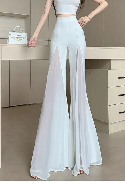 White mesh fishtail flared pants women summer thin design high waist hanging feeling elegant chiffon wide leg casual pants