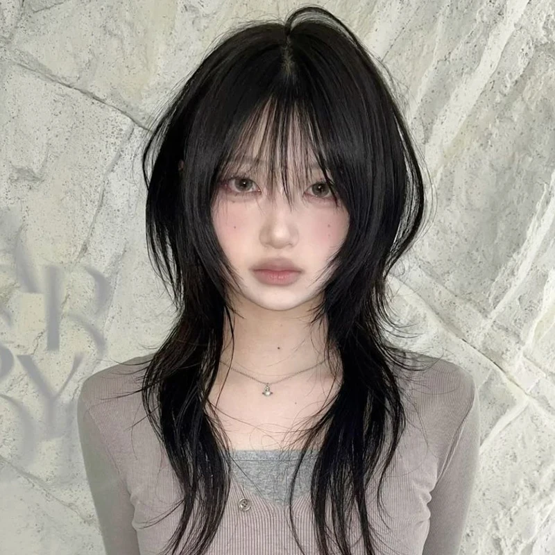 Synthetic Women Wig Hairpiece 18inch High-layered Mullet Haircut Wolf Cut Black Wig with Hair Bangs for Women Daily Party Use