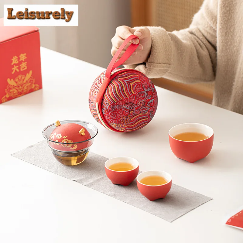 China-chic Red Dargon Travel Tea Set Kit Handmade 1 Pot 2 Cups Household Tea Brewing Travel Tea Set Portable Stock Bags Cafe