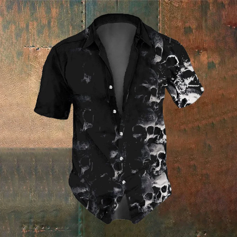 Summer Fashion Men's Party Wear Retro Horror Skull Print Men's Short Sleeve Shirt Street Casual Trendy Oversized Tops SIZE S-5XL 2