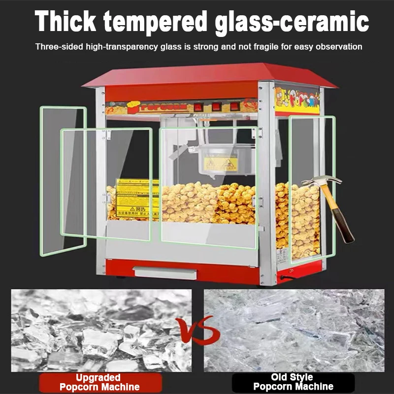 220V 1450W Commercial Popcorn Machine Tempered Glass Belt Cart Movie Theater KTV Luxury Pipoqueira Electric Roof Pop Corn Maker 2