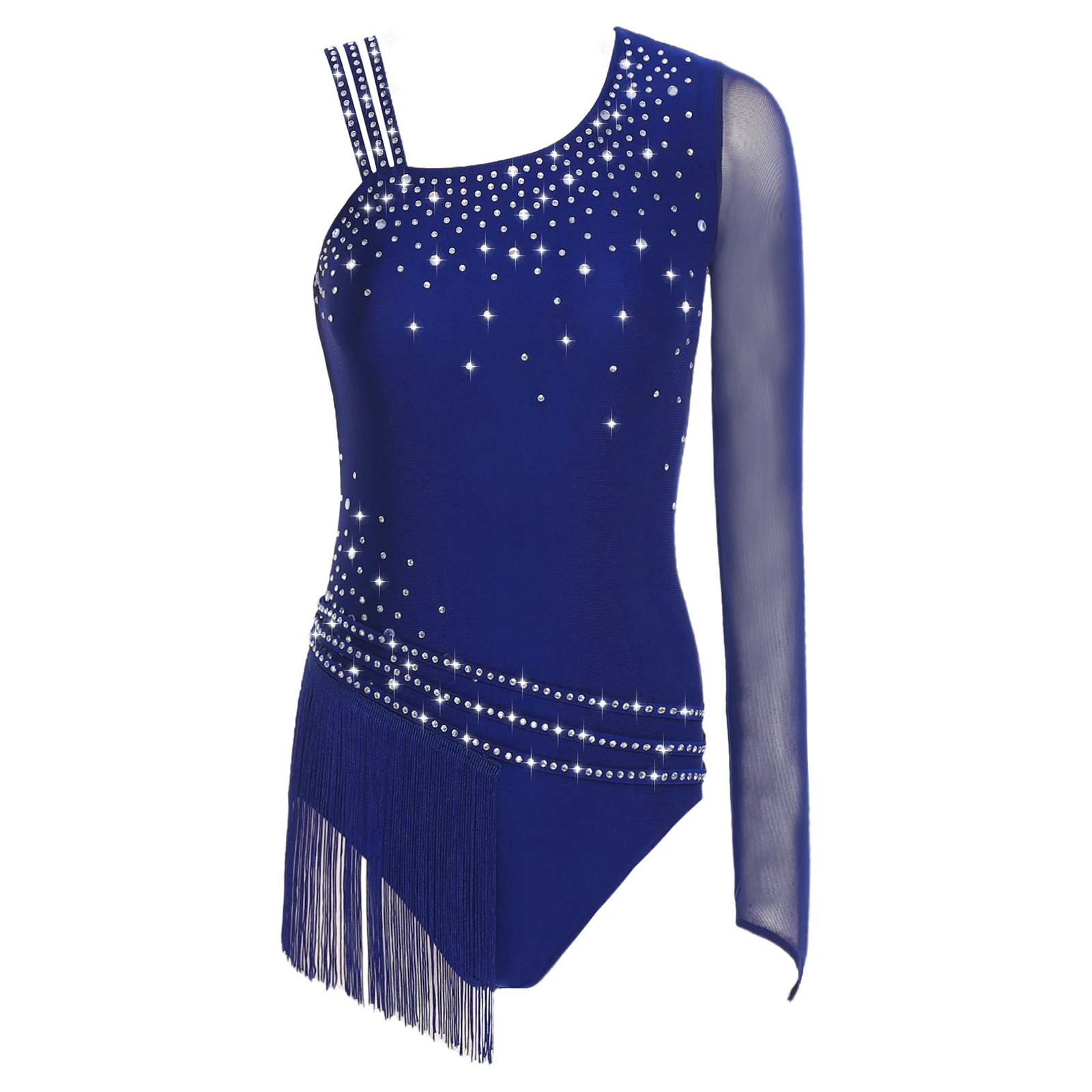 Damen Rhythmische Gymnastik Eiskunstlauf Ballett Latin Jazz Dance Trikot Kostüm Glitzernder Strass Quaste Fransen Body – Detail 14