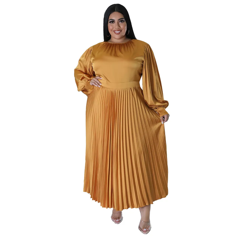 

African Pleated Dress for Women Spring Autumn African Women Long Sleeve O-neck Polyester Long Dress Maxi Dress XL-5XL