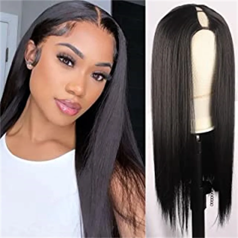 10-26Inch Long Straight Synthetic Hair  V Part Wigs 150% Density Natural Color For Black Women and Girls Daily Party  Use