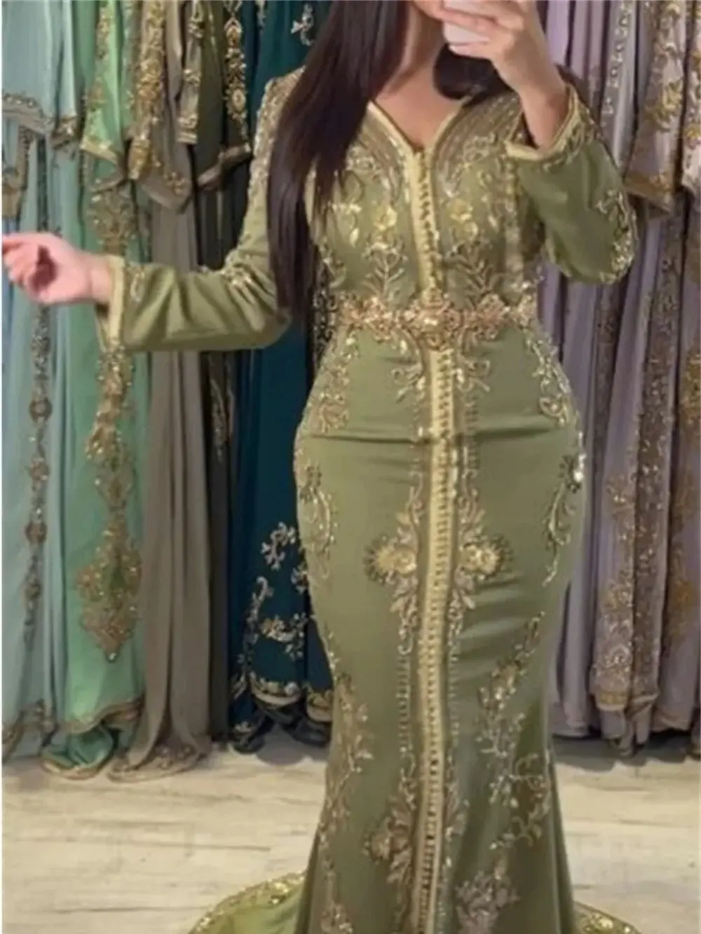 

Muslim V Neck Long Sleeve Evening Lace Appliqued Mermaid Dresses Women's Wedding Party Gowns Formal Occasion Robe Floor Length