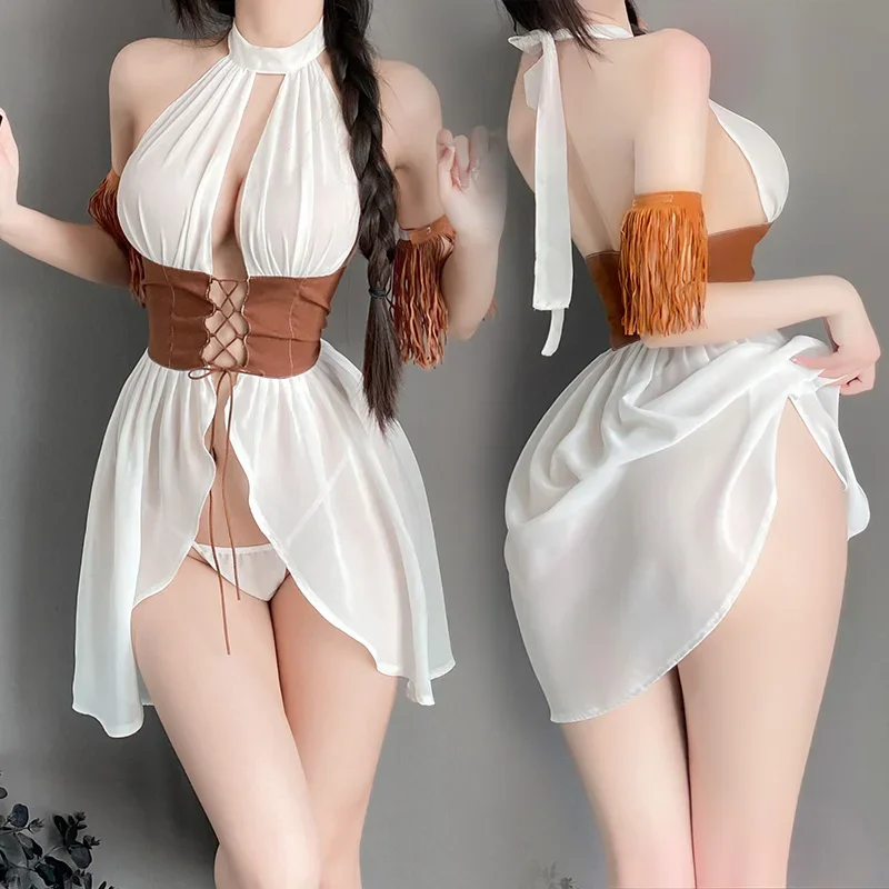 

Japanese Live Show Cowboy Girl Nightdress Lace Halter Neck Mesh Underwear Night Dress Sexy Lingerie Set Nightwear Bed Temptation