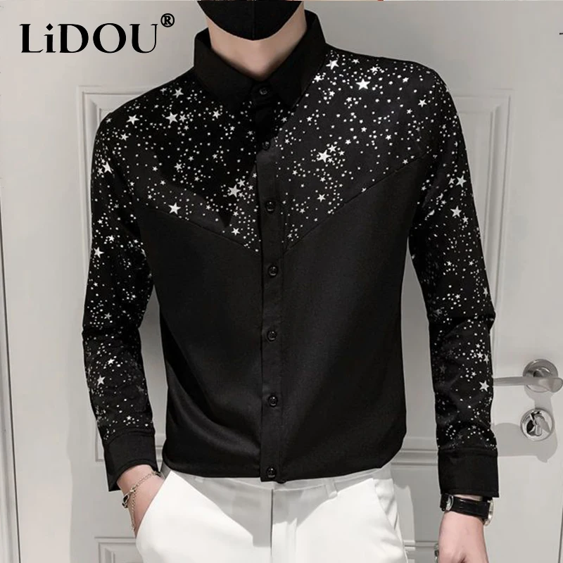 Spring Autumn New Korean Casual Vintage Business Blouse Man Y2K Fashion All Match Shirt Solid Color Sequins Chic Slim Male Top