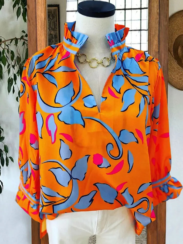 Bright  V-neck Blouse Floral Print Ruffle High Neck Long Sleeve Shirts & Blouses