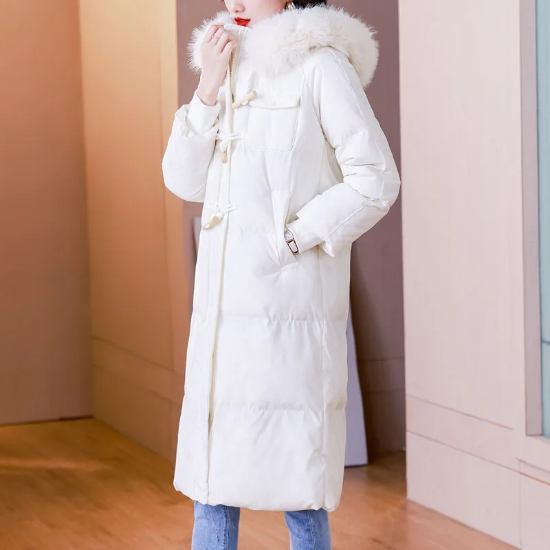 2023 New Women Down Cotton Coat Winter Jacket Female Mid-length Over Knee Parkas Thicken Outwear Big Fur Collar Hooded Overcoat