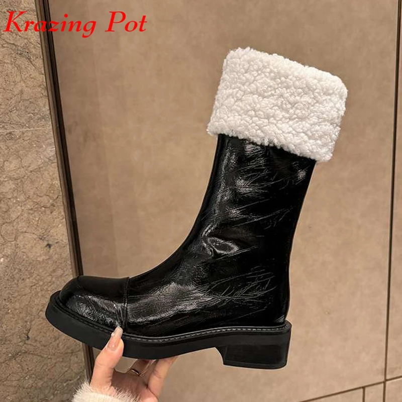 

Krazing Pot Wool Blend Cow Split Leather Round Toe Winter Keep Warm Snow Boots Med Heels Preppy Style Slip On Ins Mid-calf Boots