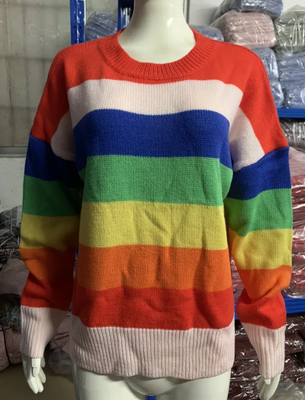 

Autumn Winter 2023 Women Vintage Striped Sweater Knitted Long Sleeve Crewneck Loose Oversized Rainbow Pullover Jumper Tops