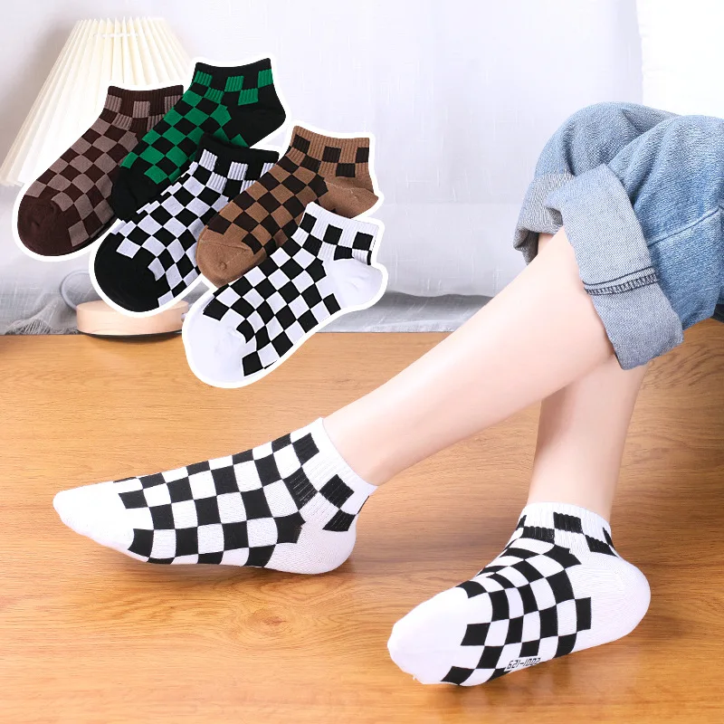 Chaussettes de damier pour femmes, modèle Harajuku, Tube bas géométrique, style Hip Hop, Streetwear, en coton, pour filles